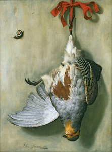 パートリッジとトロンプ・ルイユ、1666 作： Hendrik de Fromantiou